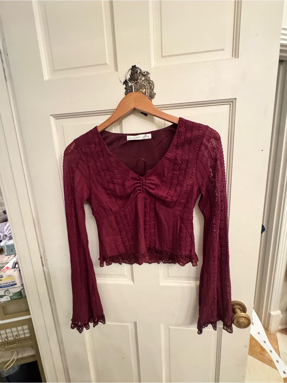 Altar'd State Burgundy Lace Long-Sleeve Crop Blouse